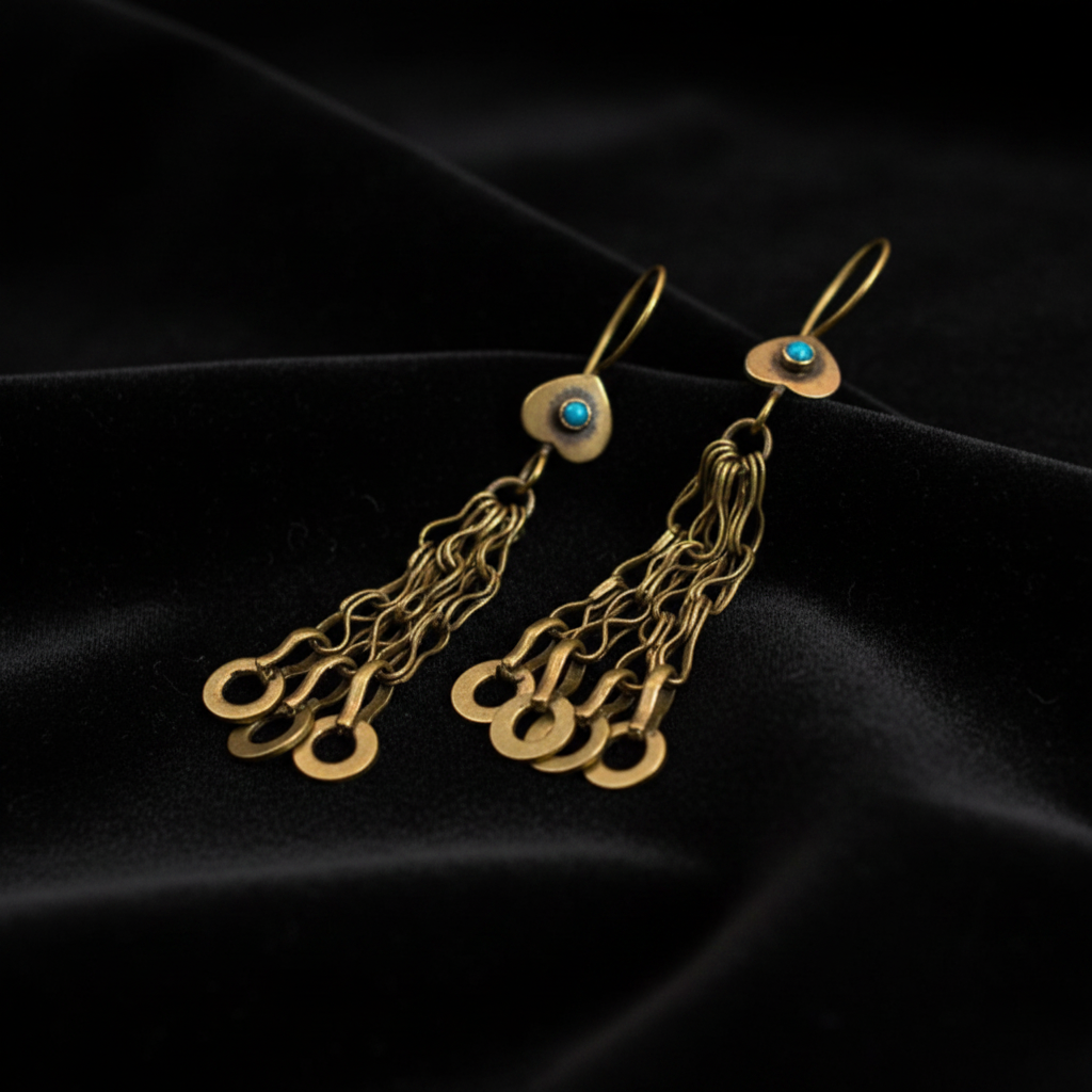 Vintage Kuchi Brass Dance Earrings with Turquoise