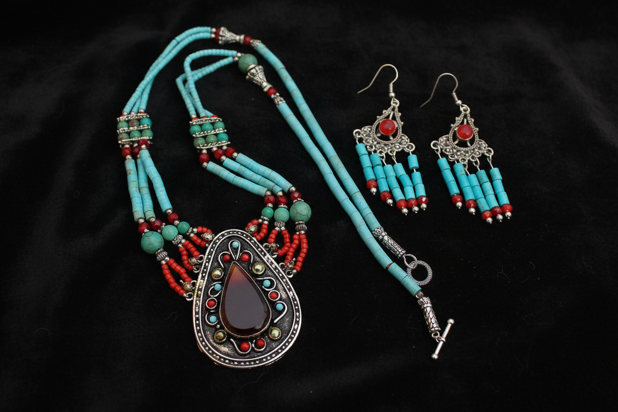Afghan Kuchi Carnelian & Turquoise Pendant Necklace and Earrings Set
