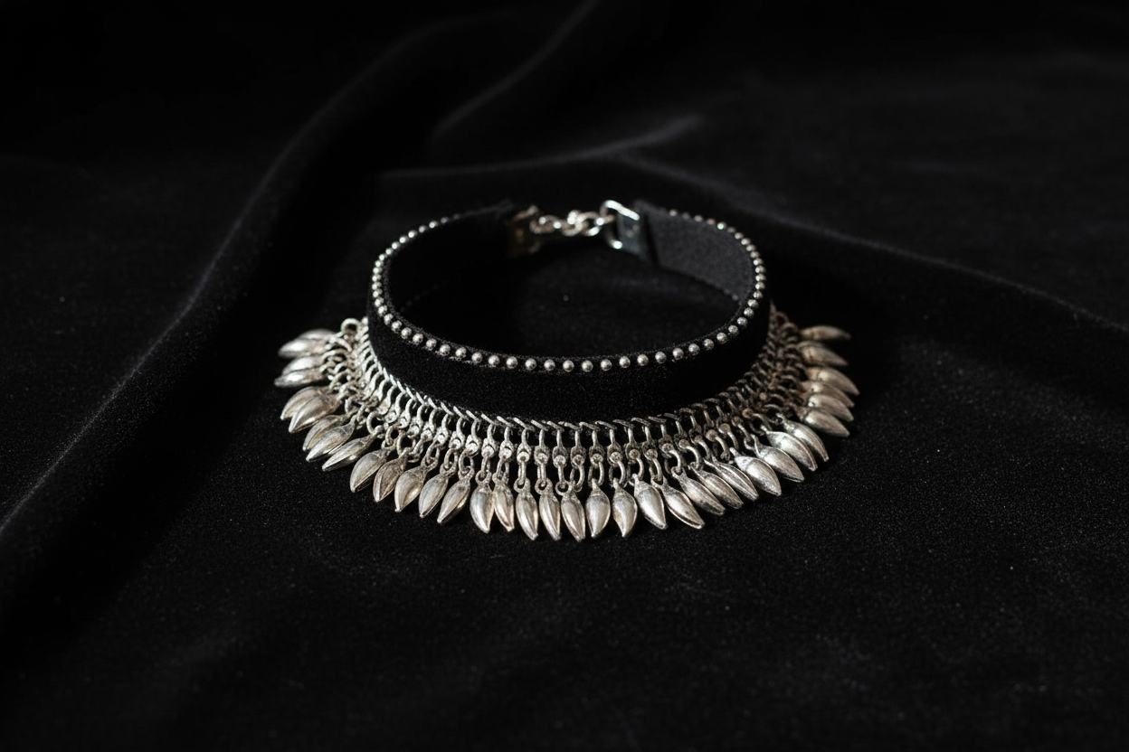 Kuchi Black Felt & Silver Heart Dangle Choker