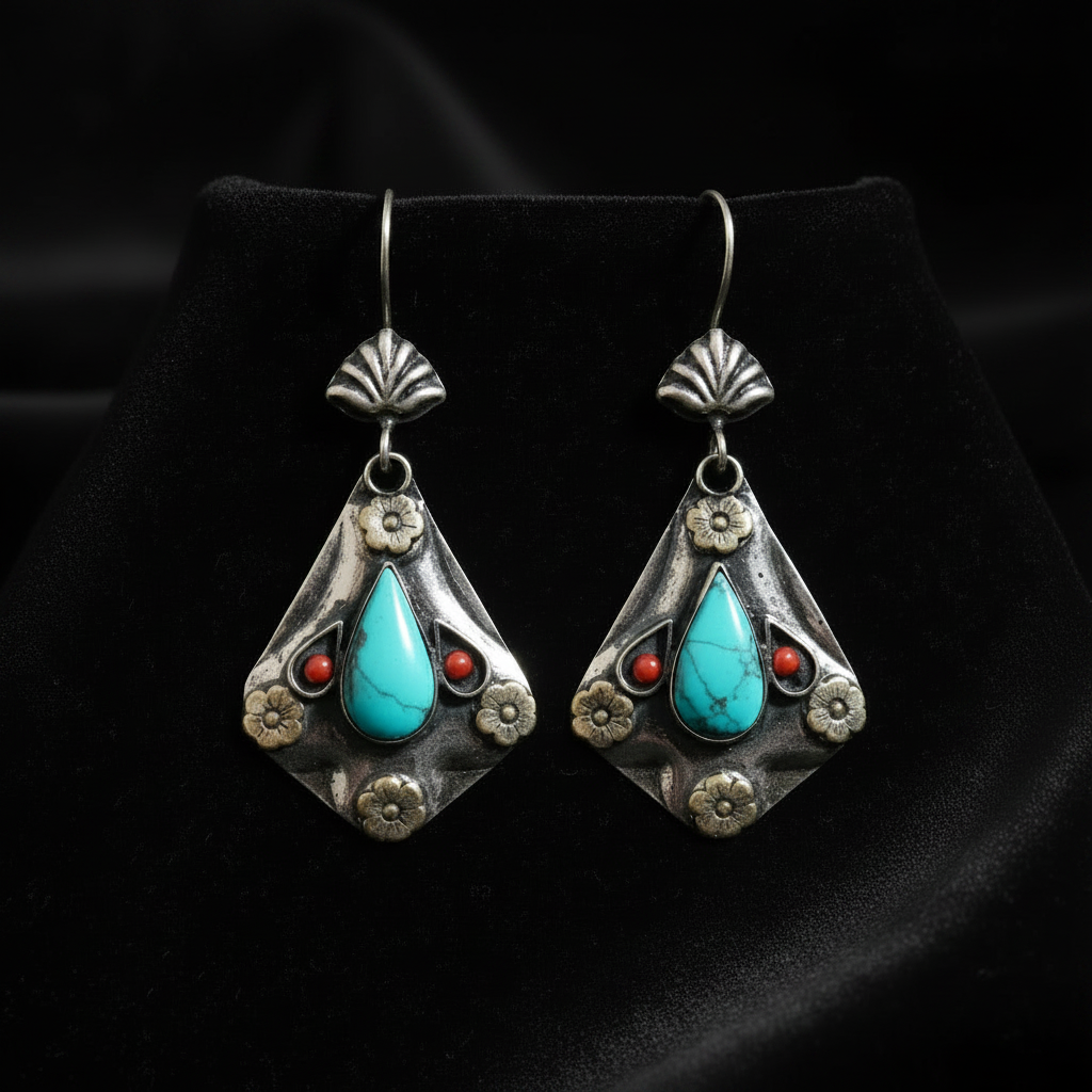 Afghan Kuchi Tribal Earrings, Turquoise Peacock