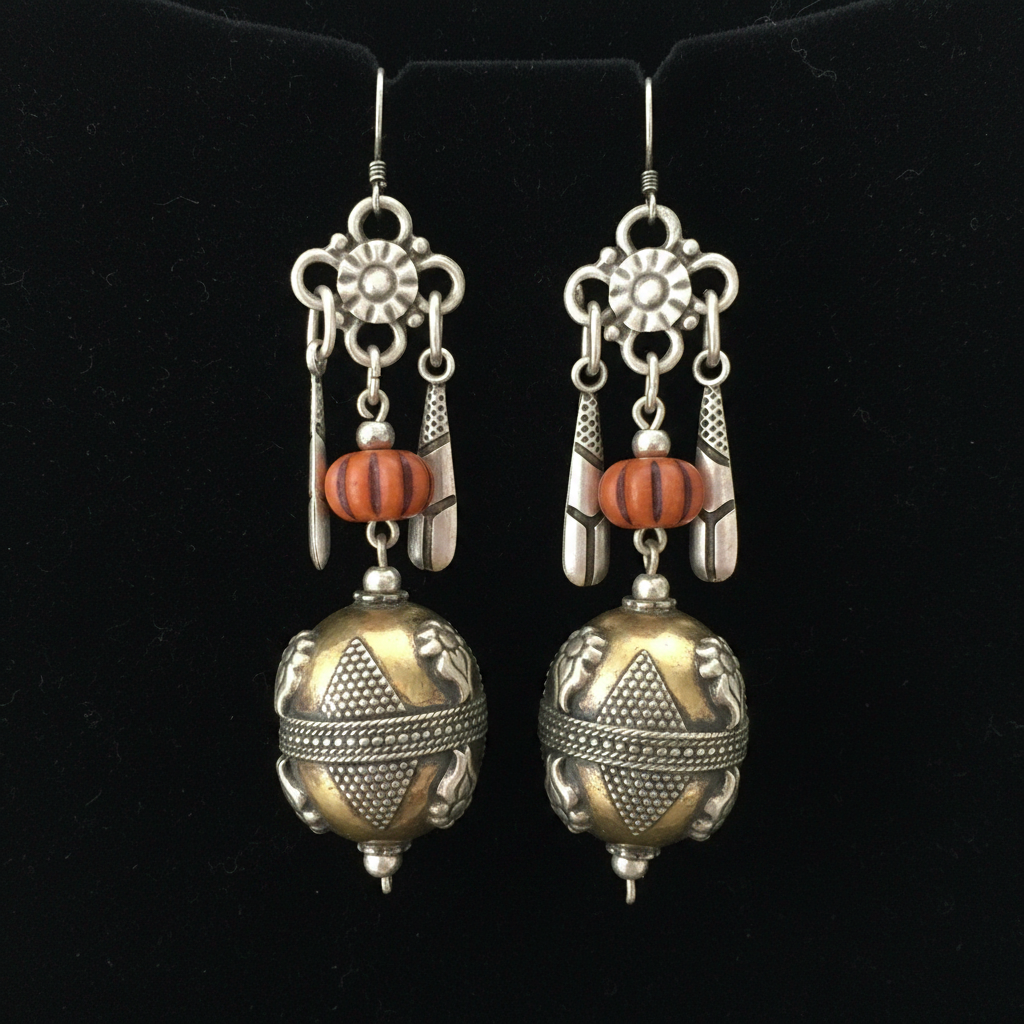 Turkmen Earrings with Carnelian & Garnet Beads
