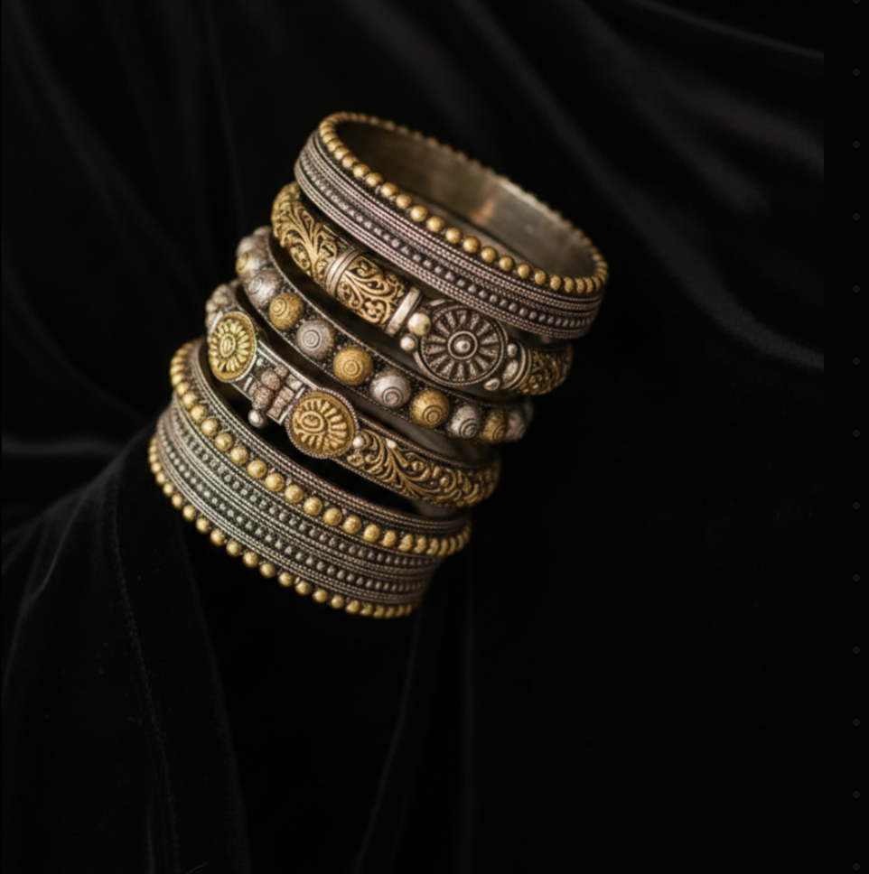 Kada Gold & Silver Bangle Set
