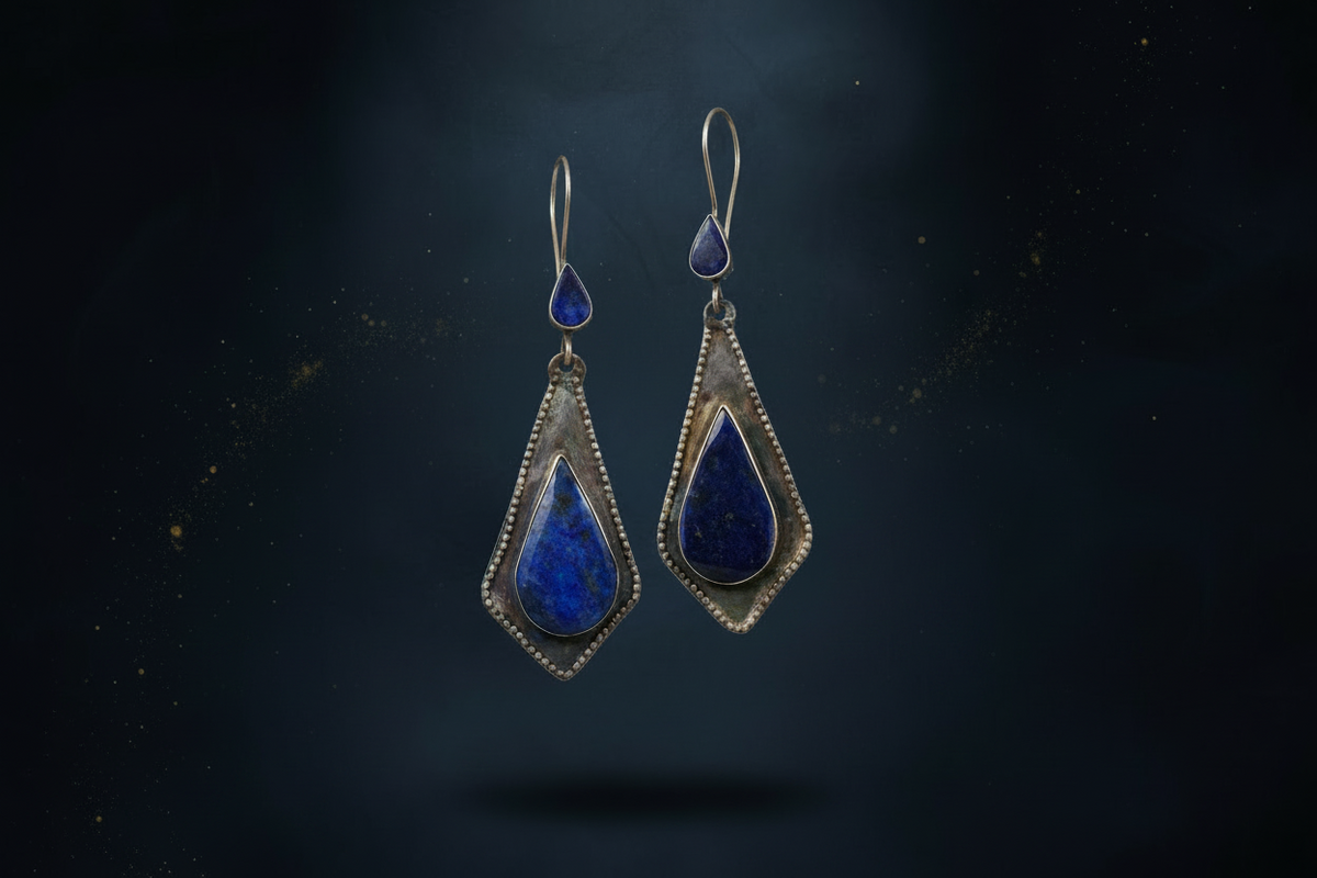 Afghan Lapis Lazuli & Silver Geometric Diamond Drop Earrings