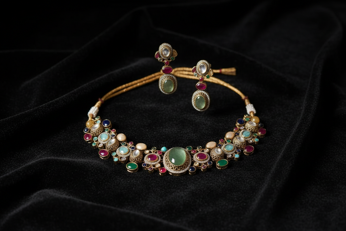 Regal Navratna Kundan Choker Necklace Set | Multicolour Cabochon | Sabyasachi-Inspired