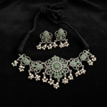 Oxidized Silver Thewa Mint Green Tribal Choker Necklace Set