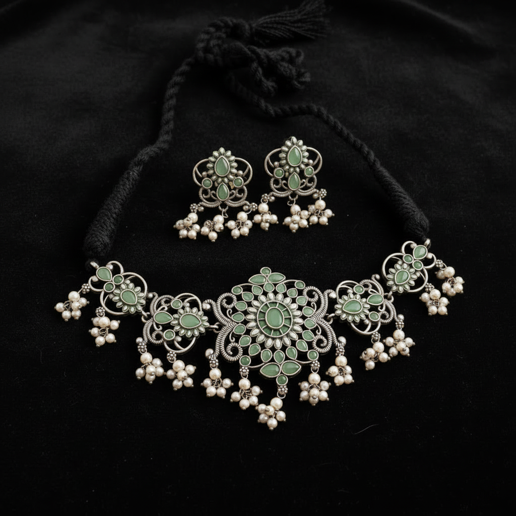 Oxidized Silver Thewa Mint Green Tribal Choker Necklace Set