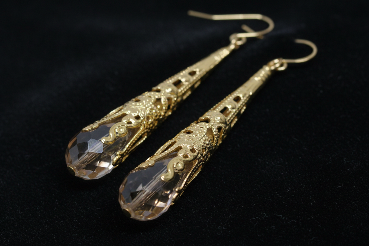 Victorian-Inspired Champagne Crystal Teardrop Gold Filigree Earrings