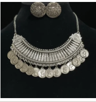 Afghan Coin Oxidized Silver Necklace & Earrings Set