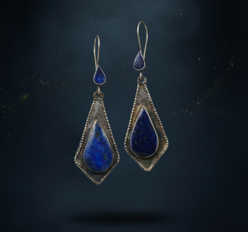 Afghan lapis lazuli geometric diamond drop earrings in oxidized silver with teardrop cabochon and lapis accent on ear wire