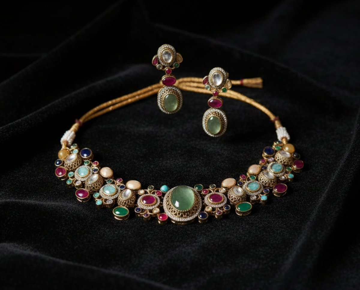 Regal Navratna Kundan multicolour cabochon choker necklace set with coordinating drop earrings on black velvet