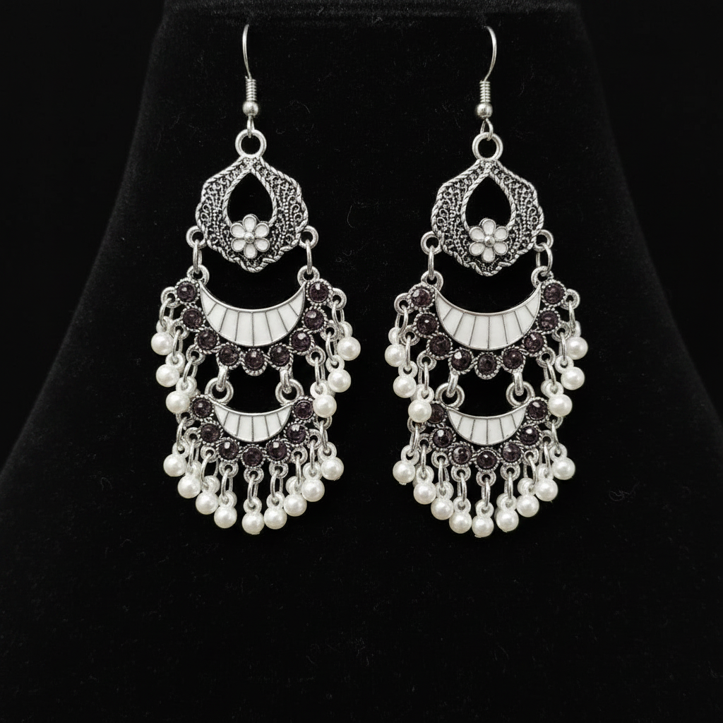 Sephardic Silver & Pearl Geometric Floral Dangle Earrings