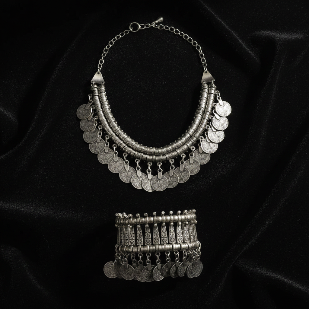 Handmade Silver Plated Tribal Bib Necklace & Bracelet Set – Afghan Attan Dance Ceremonial