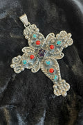 Sterling Silver Mexican Cross Pendant – Inlaid Turquoise, Coral & Amethyst