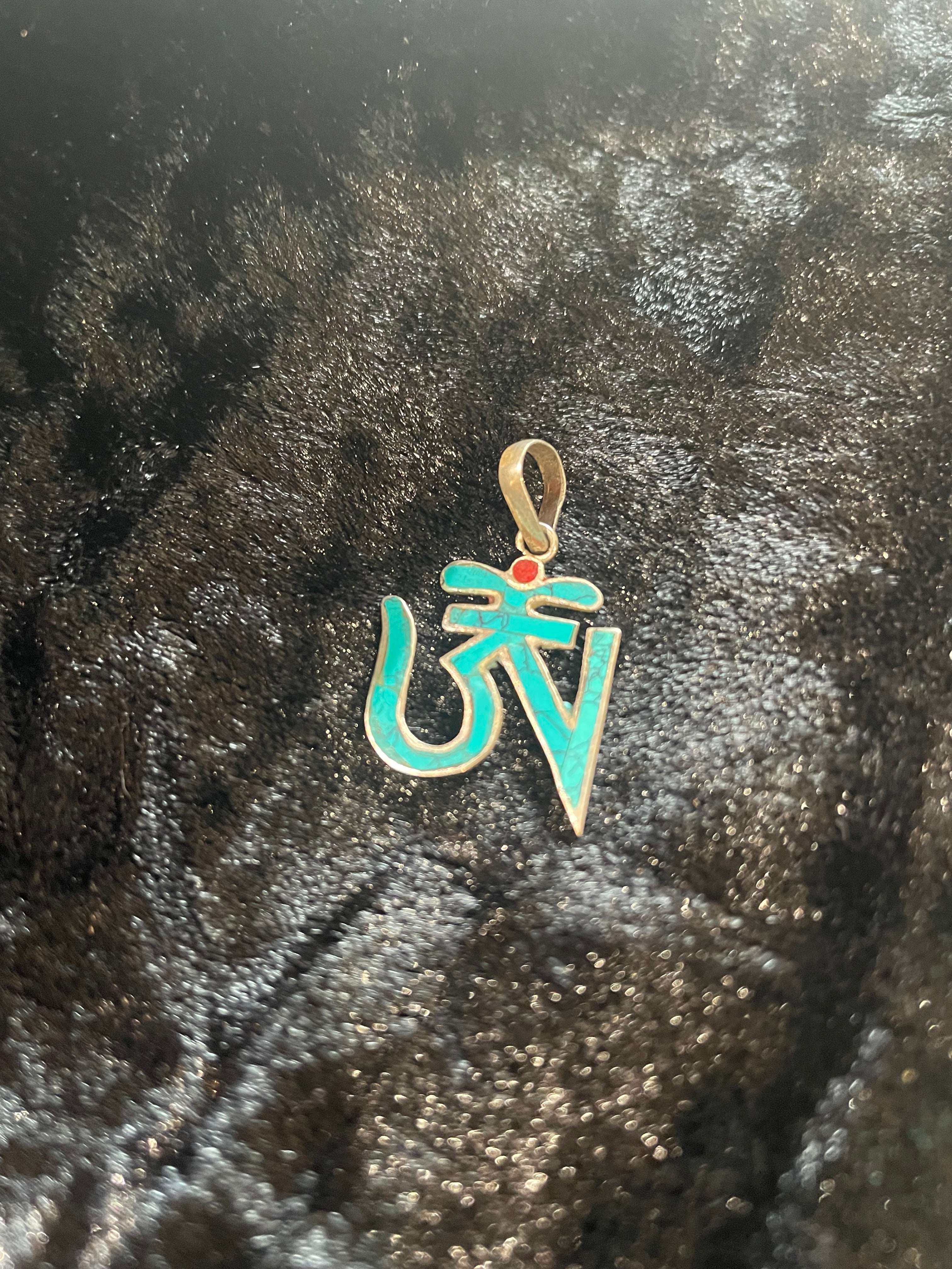 Nepalese Aum Pendant – Turquoise Embossed Sterling Silver Charm