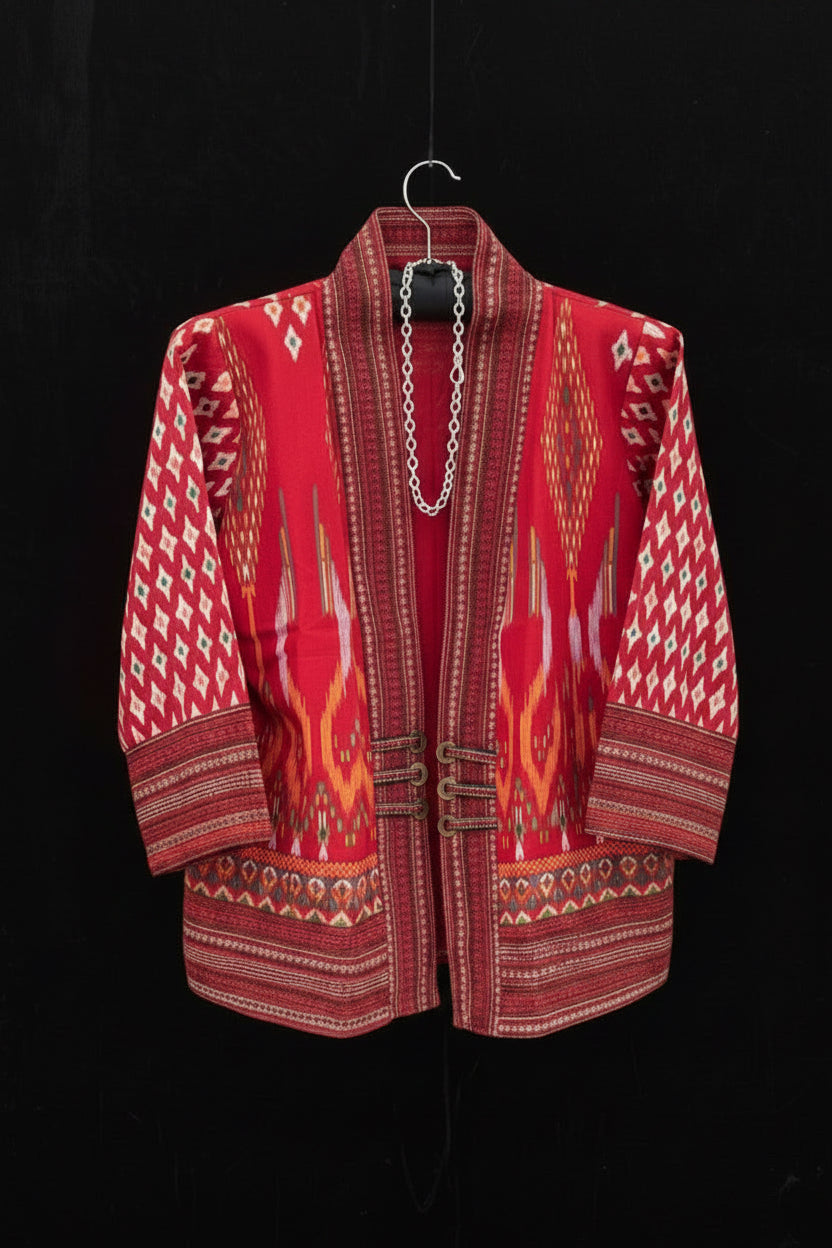 Traditional red garment with intricate patterns on a red background