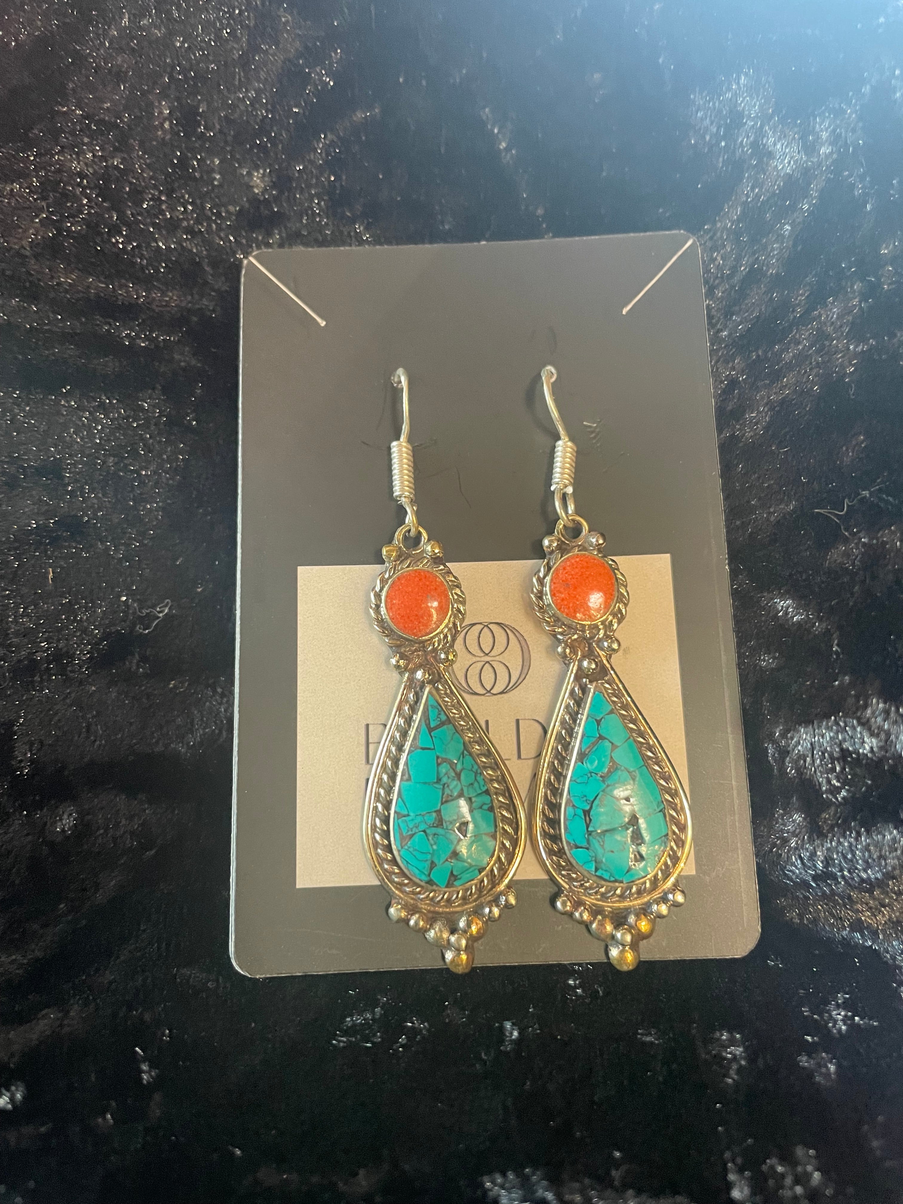 Nepalese Turquoise and Coral Teardrop Earrings