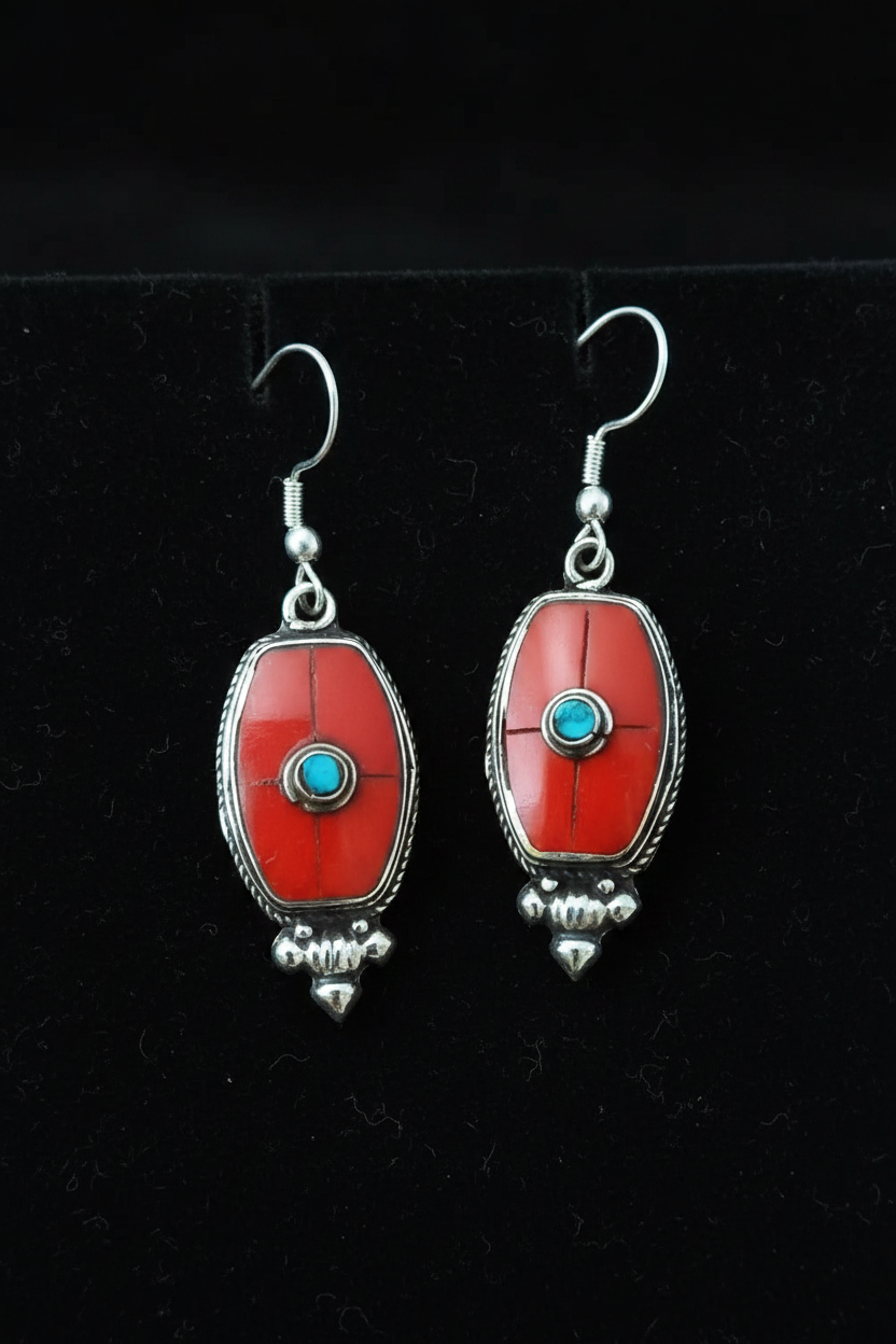 Nepalese Coral & Silver Dangle Earrings with Turquoise Inlay