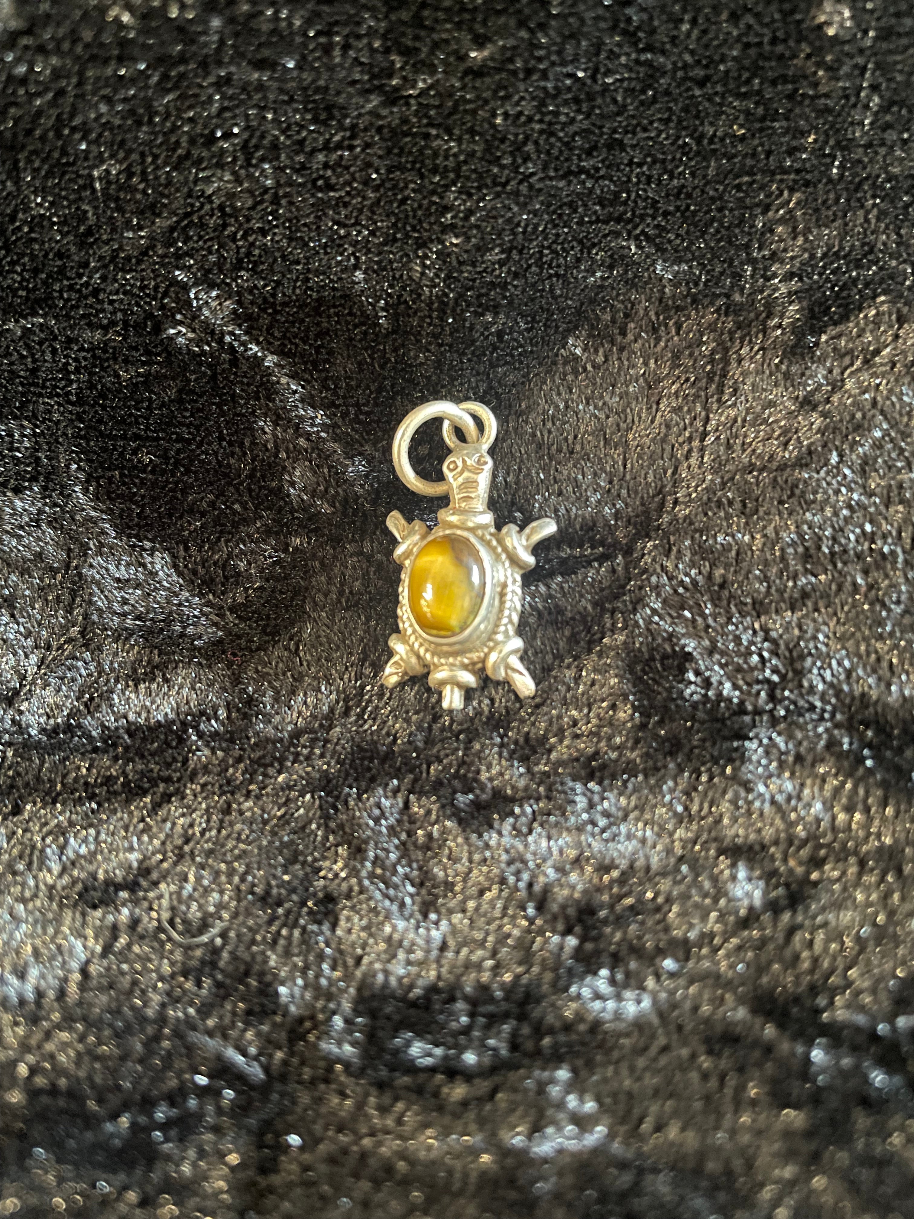 Tiny Tiger's Eye Stone Sterling Silver Turtle Pendant
