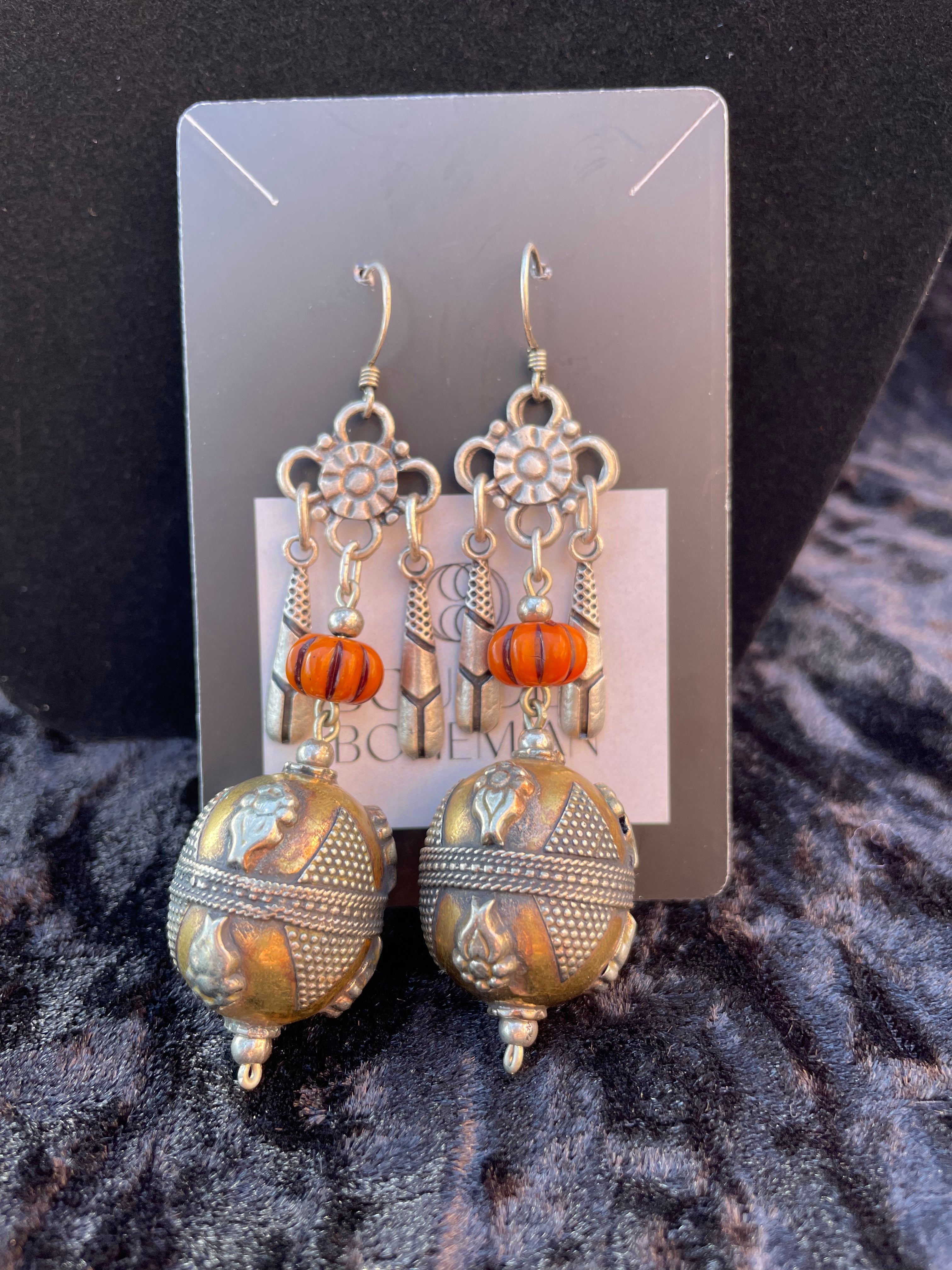 Turkmen Tribal Carnelian & Garnet Brass Dangle Earrings