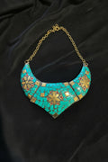 Vintage Afghan Turquoise Mosaic Brass Bib Collar Necklace