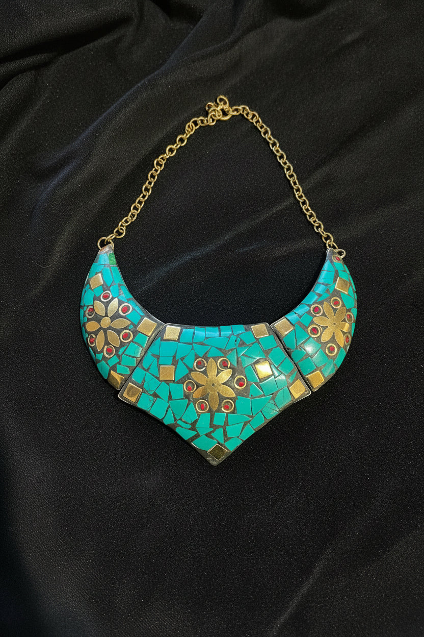 Vintage Afghan Turquoise Mosaic Brass Bib Collar Necklace