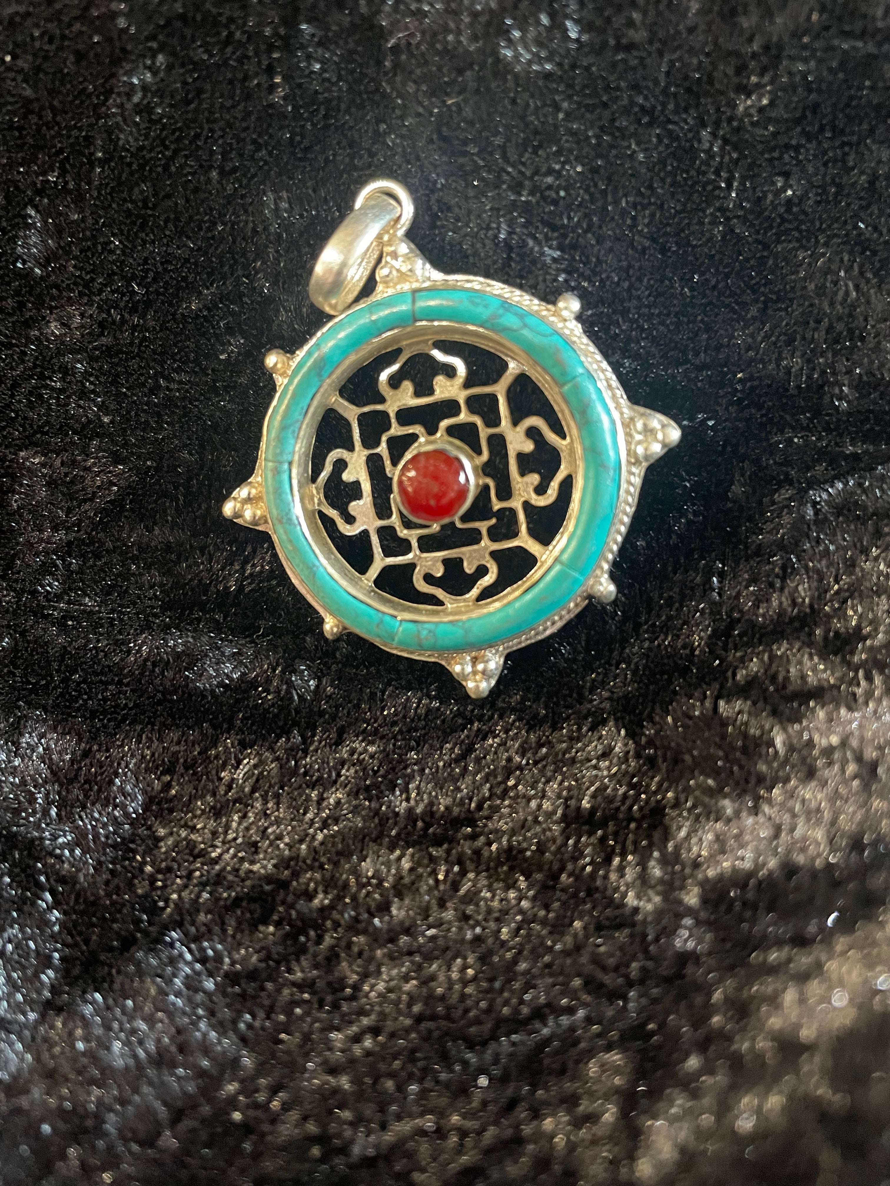 Turquoise & Sterling Silver Mandala Pendant with Coral Center