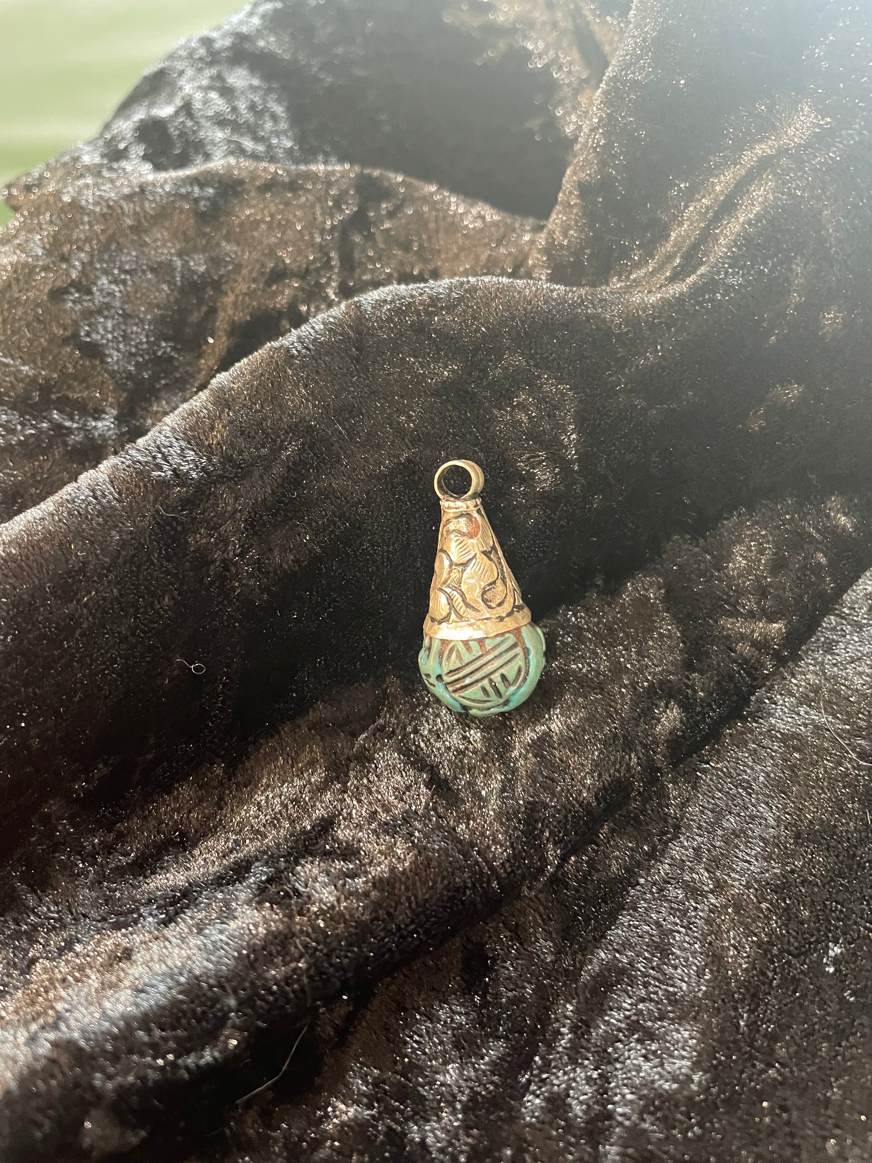 Turquoise & Brass Engraved Teardrop Nepali Pendant