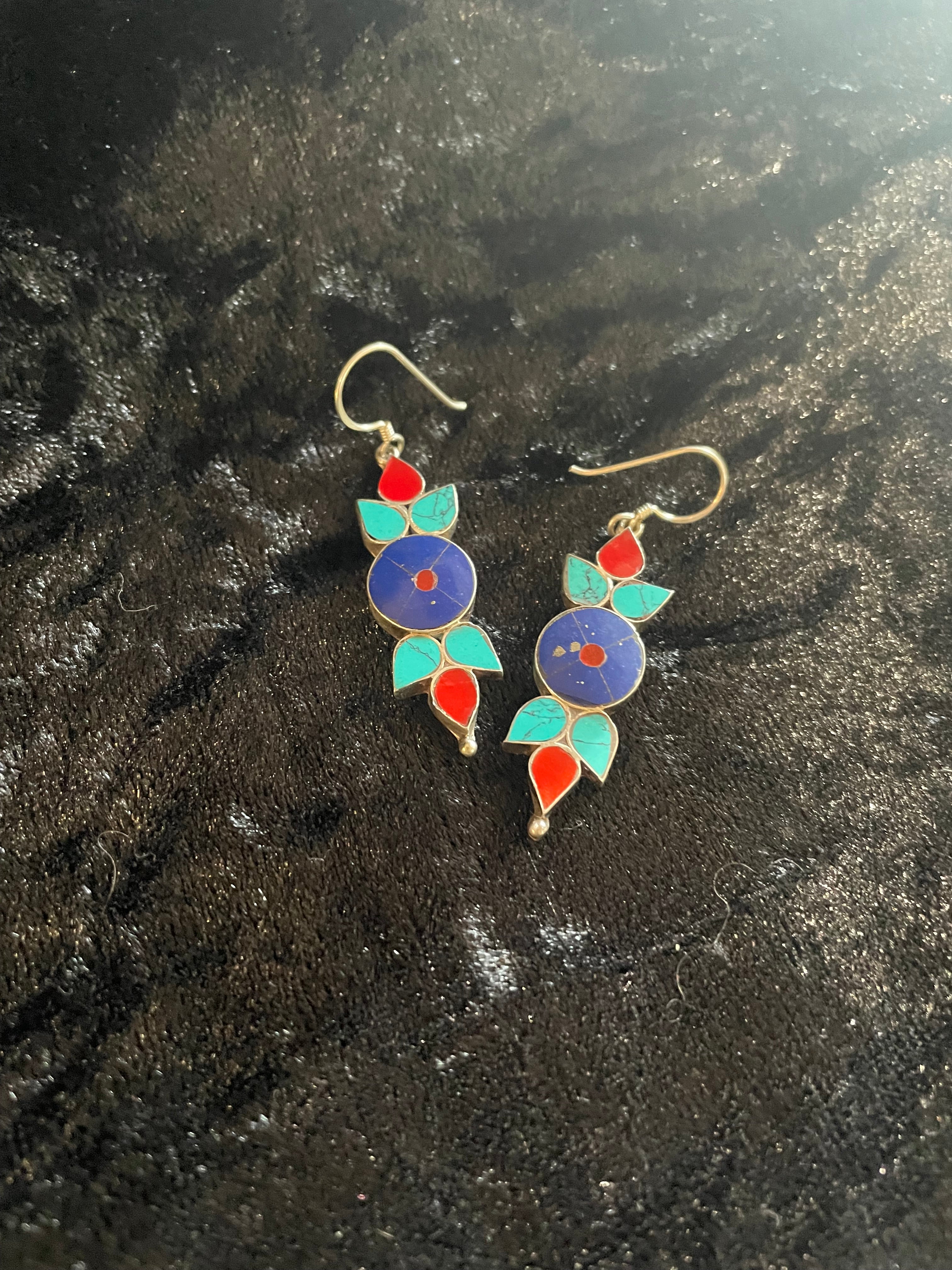 Turquoise, Coral & Lapis Lazuli Floral Sterling Silver Earrings