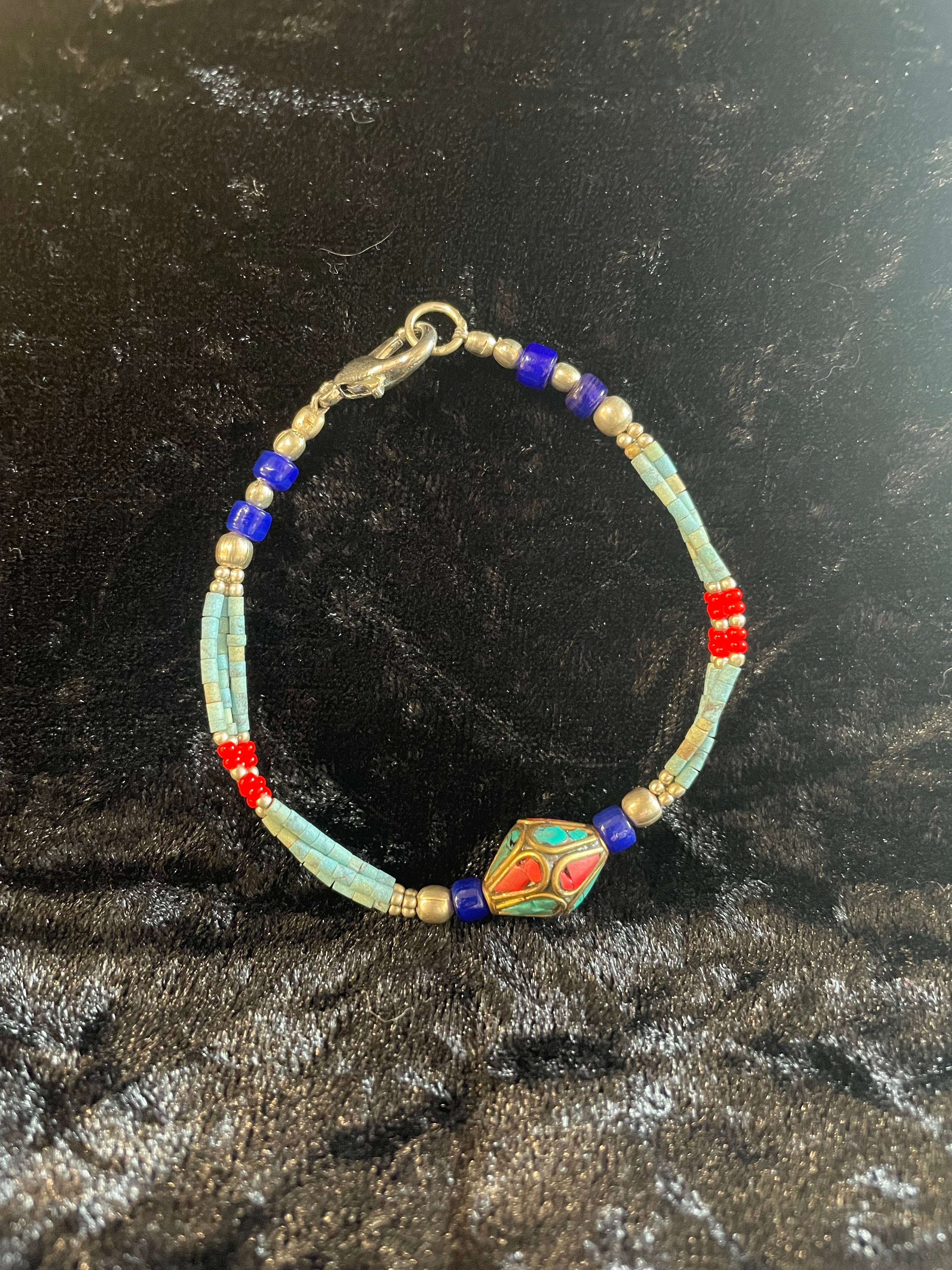 Turquoise Red & Blue Agate Brass Nepali Bracelet