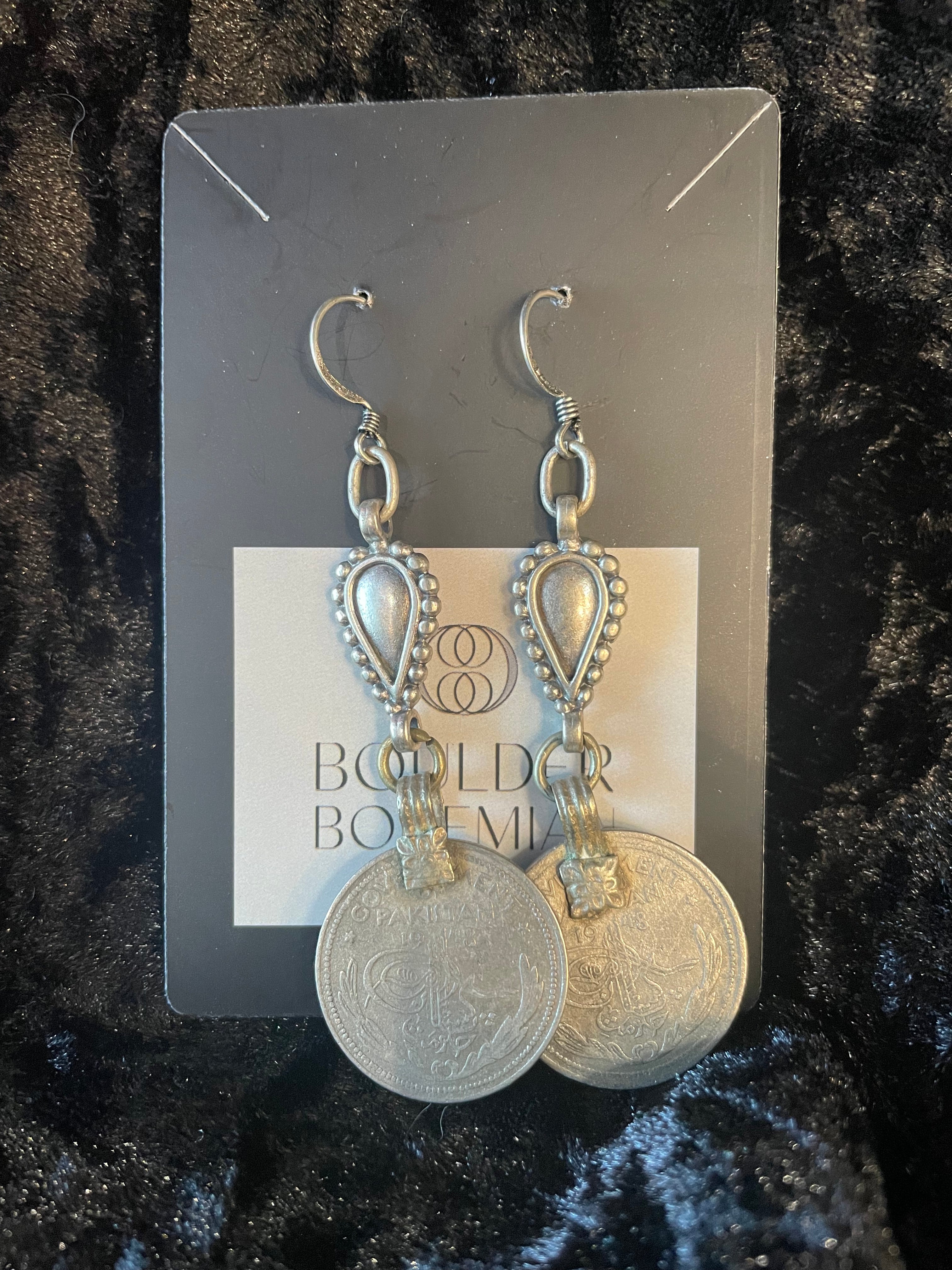 Vintage Afghani Coin Drop Earrings – Antique Metal Dangles