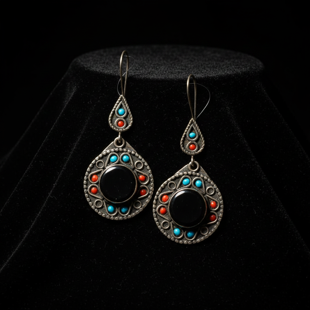 Vintage Kuchi Black Onyx Afghan Earrings – Coral & Turquoise Tribal Dangle