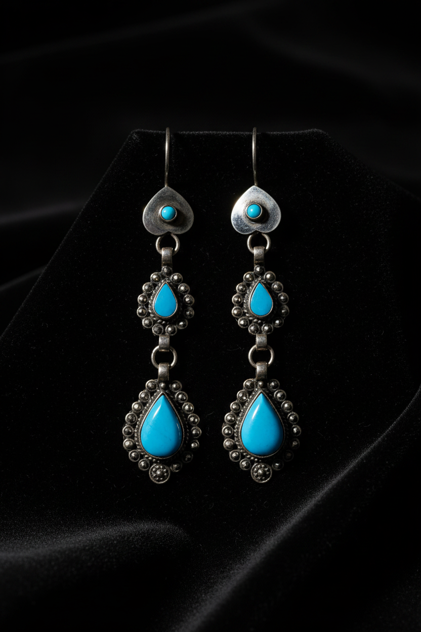 Vintage Afghan Turkman Turquoise Silver Dangle Earrings