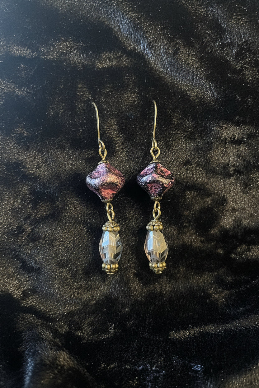 Black & Pink Czech Glass Baroque Bead Dangle Earrings