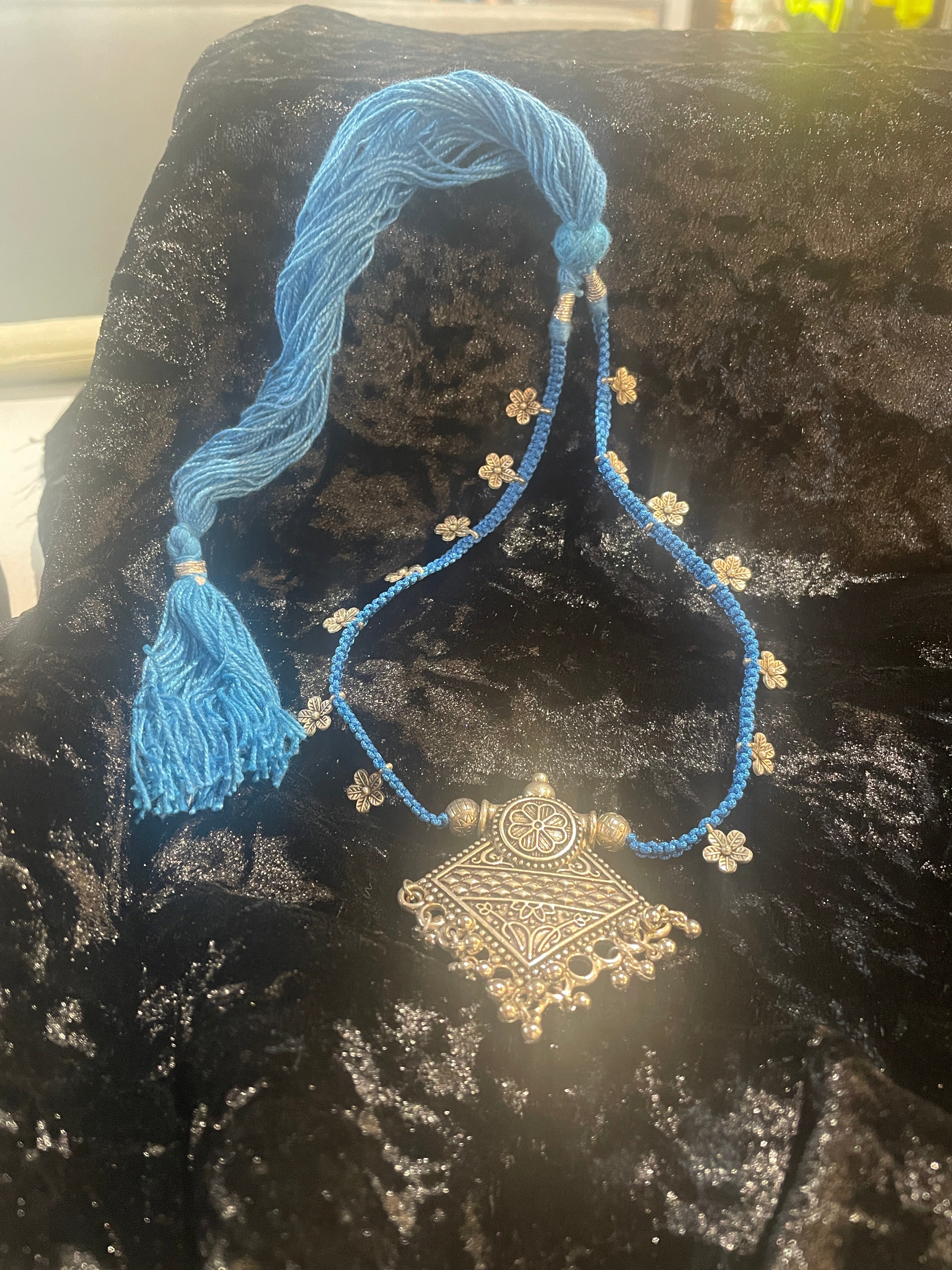 Vintage East Indian Dori Choker Necklace, Blue Silk Wool Blend with Engraved Silver Pendant