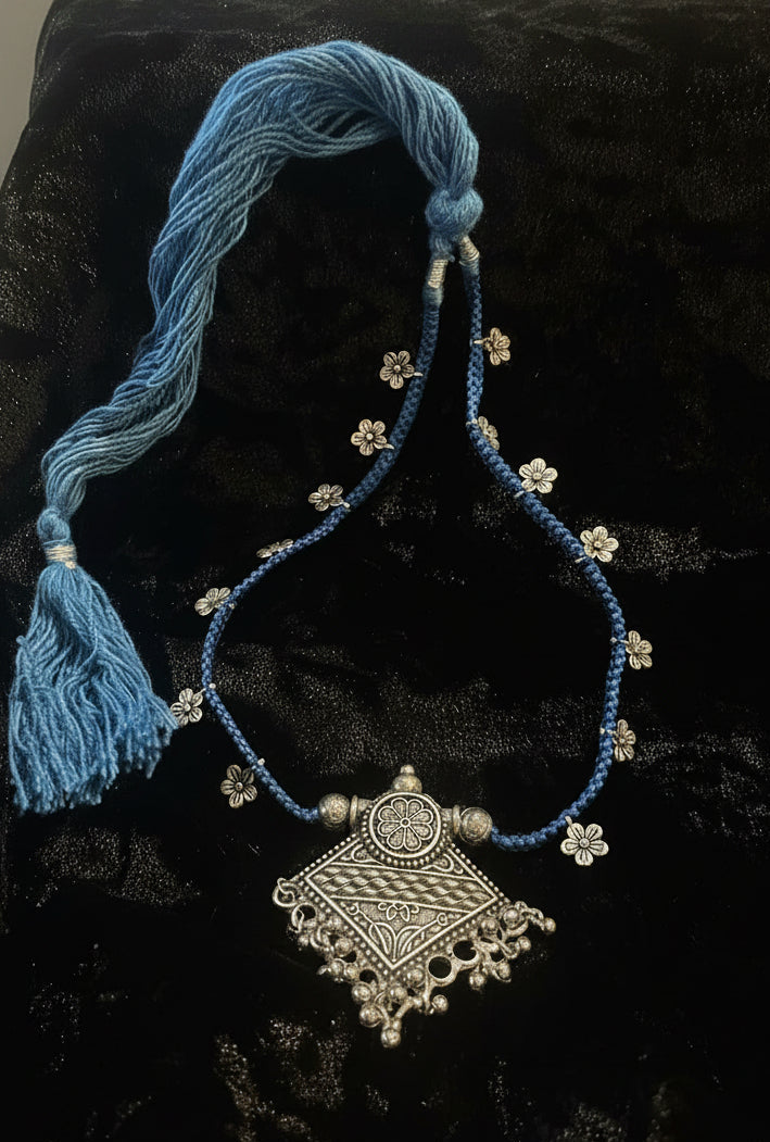 Vintage East Indian Dori Choker Necklace, Blue Silk Wool Blend with Engraved Silver Pendant