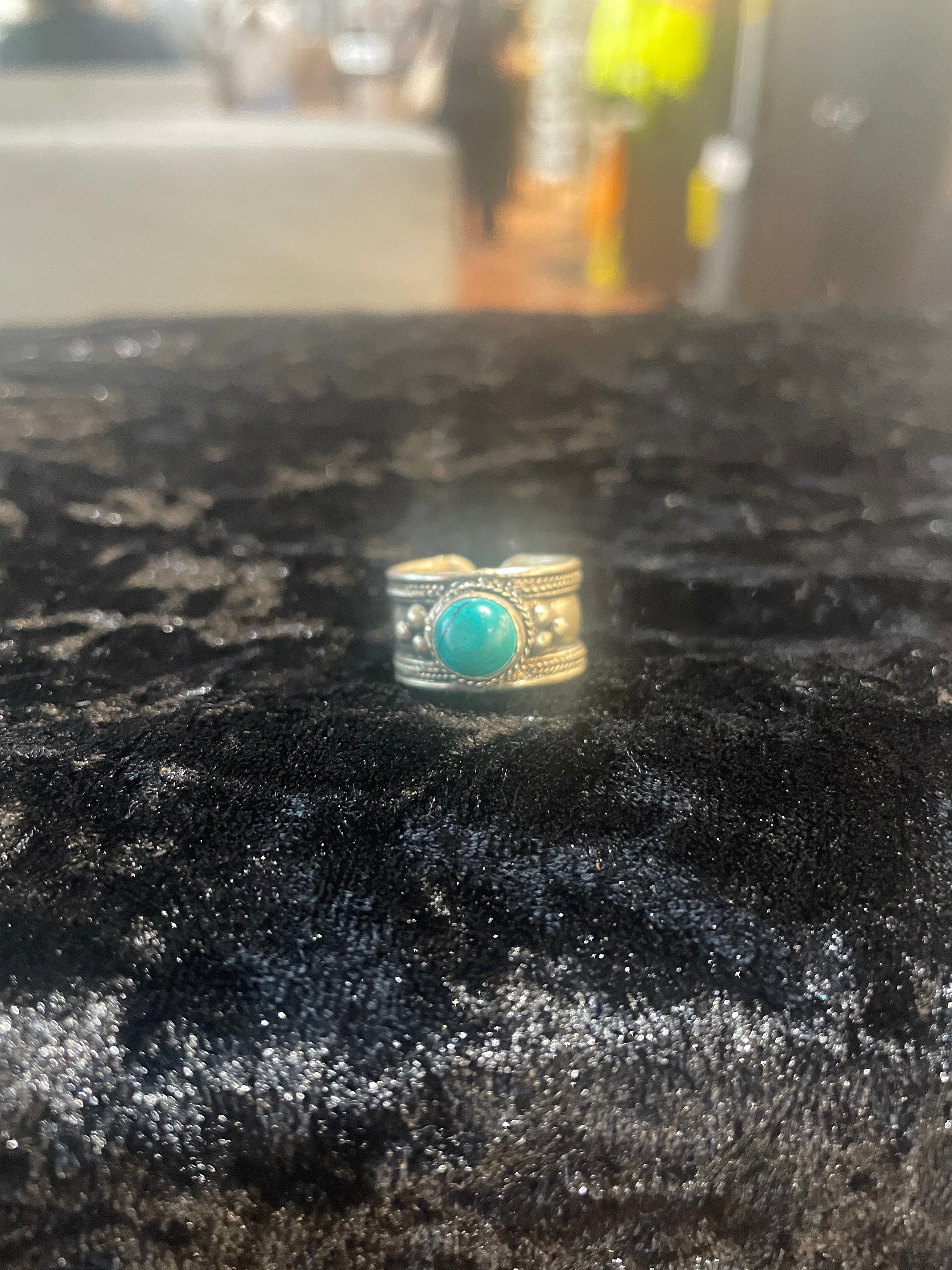 Nepali Mixed Metal Turquoise Cuff Ring, Adjustable Wide Band Tribal Boho Jewelry