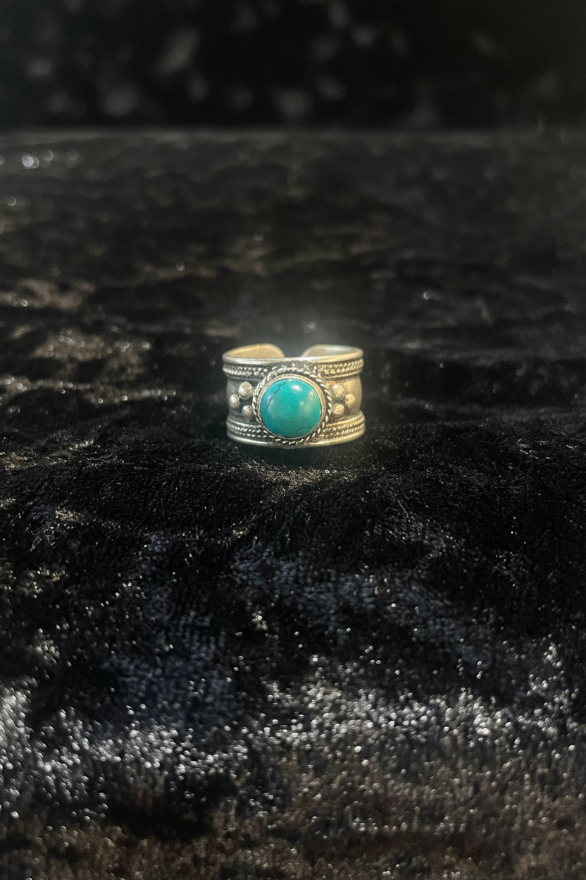 Nepali Mixed Metal Turquoise Cuff Ring, Adjustable Wide Band Tribal Boho Jewelry