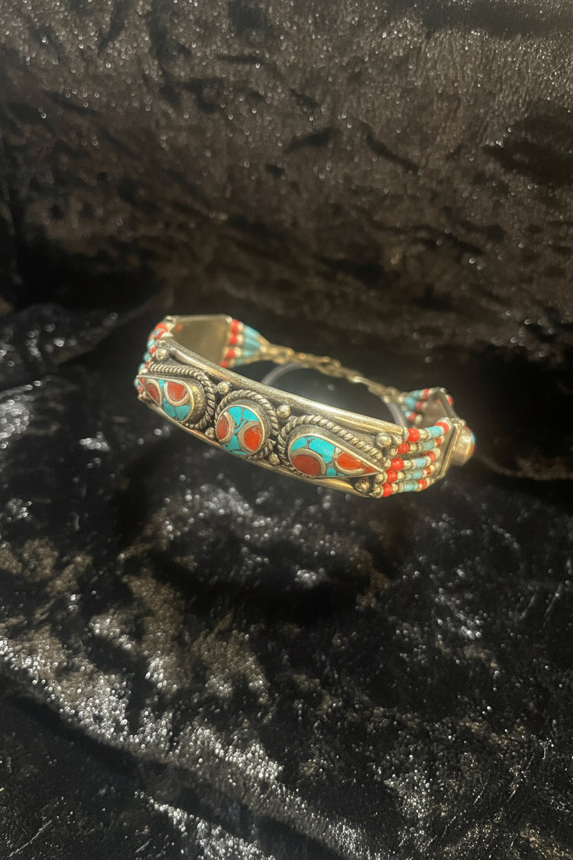 Vintage Nepalese Turquoise, Coral & Lapis Silver Bracelet